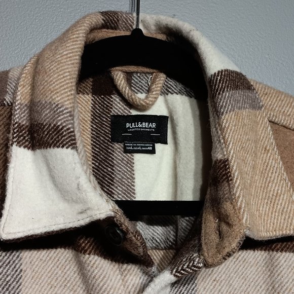Pull & Bear Beige & White Cotton & Wool Plaid Button Overshirt Jacket (Men's L) - Picture 4 of 6